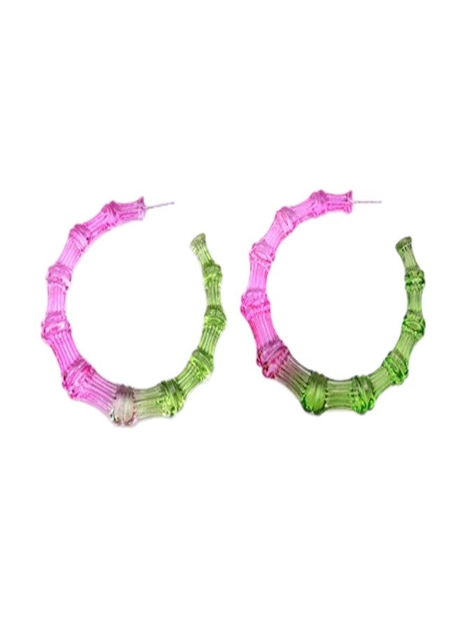 Soyzvteo Colorful Acrylic Bamboo Earrings - 80s 90s Hoop Earrings - Large Chunky Resin Bamboo Jewelry for Women - Green/Pink - Image 1